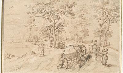  Een reiswagen op een landweg, tekening, Jan Brueghel de Oude