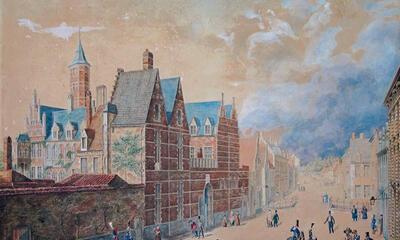 Anoniem, Hof van Busleyden gezien vanuit de Koestraat (Merodestraat), eerste helft 19de eeuw, waterverf op papier,