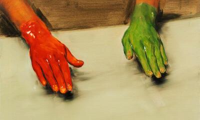 Michaël Borremans, Red Hand, Green Hand, 2010, olieverf op doek, 