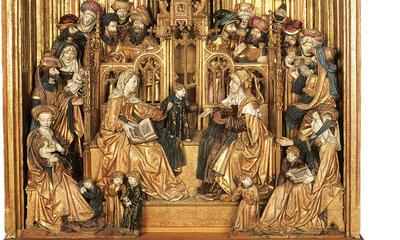 Retabel met de Maagschap van de Heilige Anna. Brussel, ca. 1500-1510, eik, oorspronkelijke vergulding en polychromie, 106 x 93,5 x 23 cm, inv. 327