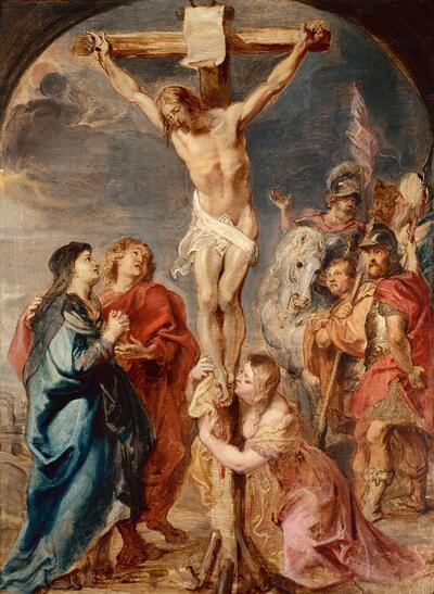 Peter Paul Rubens, ontwerp voor Christus aan het kruis, bestemd voor de Sint-Michielskerk, ca. 1627, olieverfschets op paneel, 36,5 x 49 cm