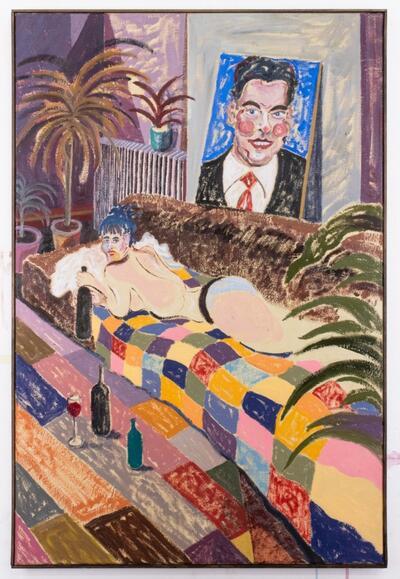 William Ludwig Lutgens, Nude on Couch, 2020, olieverf, kleurpotlood en beenderlijm op Japans Mulberry papier, op doek gemaroufleerd, 61,5 x 91,1 cm