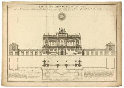 George Vertue, Plattegrond en aanzicht van de tijdelijke architectuur voor het vuurwerk van 1749; mogelijk werd deze gravure door Servandoni zelf aan de hertog geschonken als relatie­geschenk.