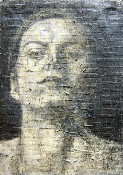 Sylvie De Meerleer, My drawing face,  potlood op gele markeertape, 