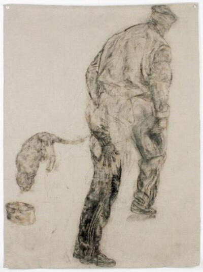 Maaike Leyn, Man met kat, 2008, houtskool en pastel op doek, 140 x 195 cm