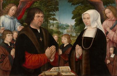 Gerard Horenbout, Portret van Lieven van Pottelberghe en Portret van Livina van Steelant Dubbelportert op topstukkenlijst