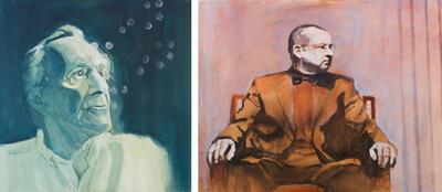 Johan Clarysse, Confessiones (Lyotard), 2008, acryl op doek, 100 x 100 cm Suspicious portraits (Lars), 2011, olieverf op doek, 70 x 90 cm