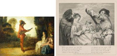 Antoine Watteau, L’Enchanteur, olieverf op koper. Louis Surugue naar Antoine Watteau, La Leçon de musique (Pour nous prouve que cette belle), ets.