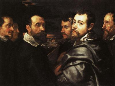 Zelfportret in gezelschap van vrienden co. 1602 olieverf op paneel, 77,5 x 101 cm Keulen, Wallraf-Richartz Museum