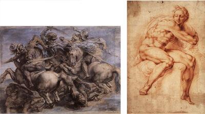 Rubens naar Leonardo da Vinci, De slag van Anghiari, 1600-08, zwart krijt, inkt en bruine was, gehoogd met wit en grijs, Rubens naar Michelangelo Ignudo, 1600-08, rood krijt, enkele toetsen met penseel in rood,