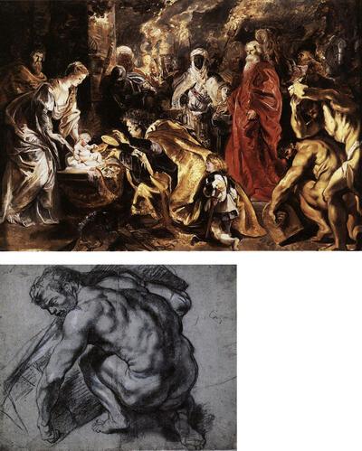 De aanbidding der koningen, 1608-09, olieverf op paneel, Studie van een naakte man, een zware last neerzettend, 1608-09, zwart krijt, wit gehoogd, Rubens, 