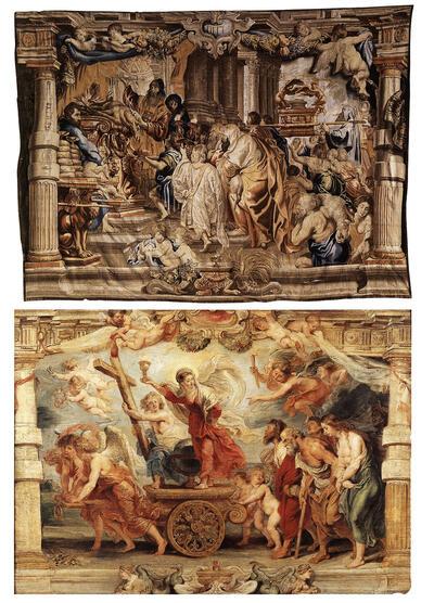 Tapijt naar ontwerp van P.P. Rubens, Het offer van het Oude Verbond, wol en zijde, De triomf van het geloof, Ontwerp voor een wandtapijt, ca. 1626, olieverf op paneel, 
