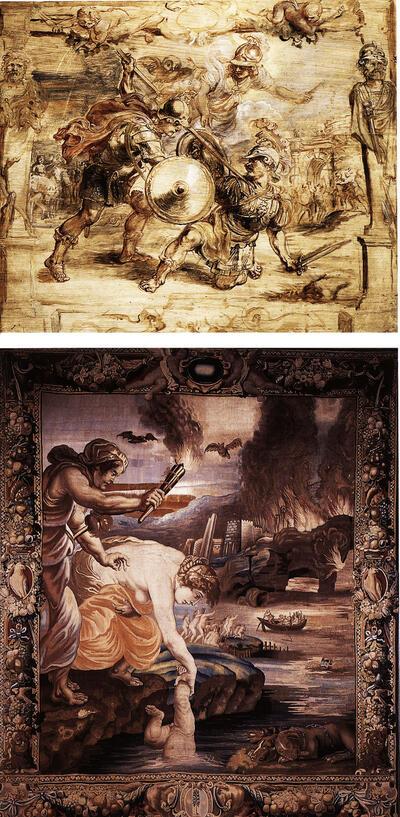  De dood van Hector, Ontwerp voor een wandtapijt, 1630, olieverf op paneel, Tapijt naar ontwerp van P.P. Rubens, Achilles ondergedompeld in de Styx, wol en zijde,
