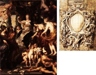 De gelukzaligheid van het regentschap, tafereel uit de Medici-reeks, ca. 1625, olieverf op doek, Ontwerp voor het medaillon in de voorgevel van de Antwerpse jezuïetenkerk, ca. 1617-20, pen en penseel in bruine inkt over zwart krijt, gehoogd met wit, Rubens, 