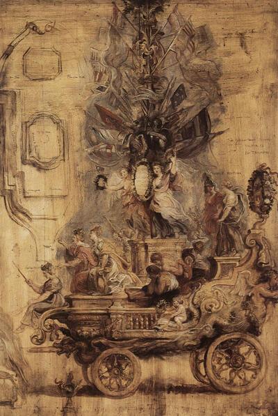 Ontwerpschets voor de zegewagen van Kallo , 1638 olieverf op paneel, Rubens