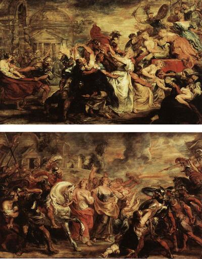 De ontvoering van de Sabijnse Maagden, De verzoening van Romeinen en Sabijnen, 1639, olieverf op paneel, Rubens