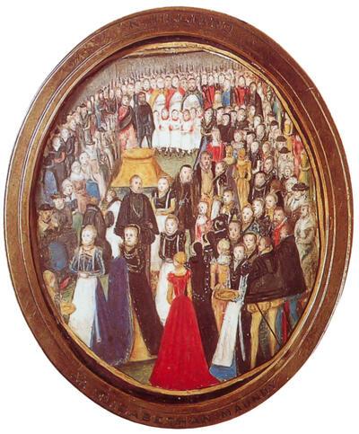 Lievina Bening (Echtgenote Teerlinck), Portretminiatuur 'Een ceremonieel aan het hof van Koningin Elizabeth I', de uitdeling van een aalmoes ter gelegenheid van Witte Donderdag. Perkament op een speelkaart,