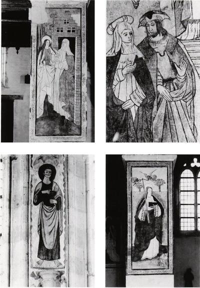  Het Bezoek van Maria aan haar nicht Elisabeth, De Opgang van Maria naar de tempel : Anna en Joachim,, De apostel Johannes, De Heilige Genoveva van Parijs, . muurschildering