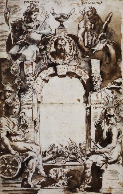 Pieter Paul Rubens (Siegen, 1577-Antwerpen, 1670) Ontwerptekening voor het titelblad van Justus Lipsius' Opera Omnia, 1637. Platijn-Moretus