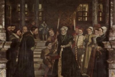 Margareta van Parma overhandigt de stadssleutels aan de Antwerpse magistrat