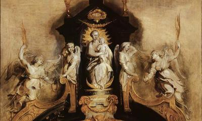 Peter Paul Rubens (1577-1640), Ontwerp voor de bekroning van het hoofdaltaar in de Antwerpse jezuïetenkerk, ca. 1617. Olieverf op paneel.  lnventarisnummer: S. 194. Het Rubenshuis, Antwerpen