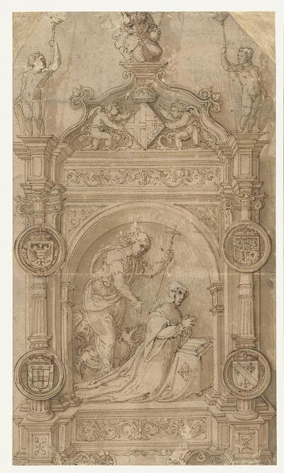 Pieter Pourbus, Lancelot Blondeel, Ontwerp voor het grafmonument voor Margareta van Oostenrijk, Brugge, ca. 1543-56, pen in bruin Amsterdam, Rijksmuseum