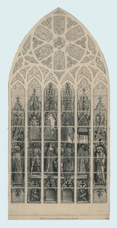 Brussel, Sint-Michiel- en Goedelekathedraal, ontwerptekening op schaal van het glasraam Dertiende episode uit de geschiedenis van het Heilig Sacrament van Mirakelen : de instelling van de processie van het Allerheiligst Sacrament van Mirakelen, 1865