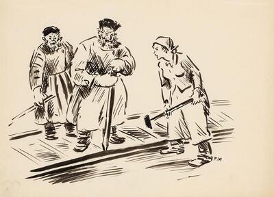 Frans Masereel, Spoorarbeiders in Rusland,  inkt op papier, Frank Hendrickx, ArteVentuno Archives, Hasselt