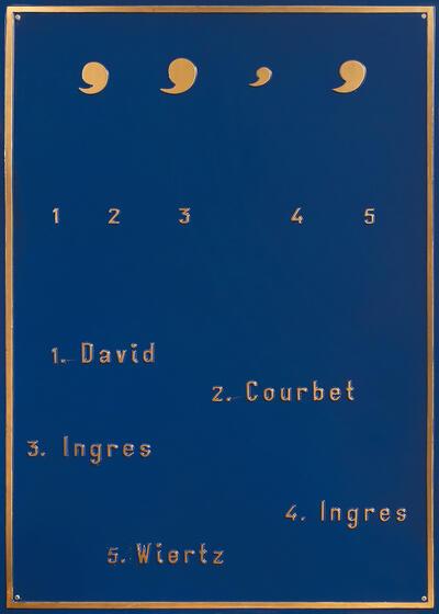 Wiels, Marcel Broodthaers, David, Courbet, Ingres,  Ingres,  Wiertz, 1971, beschilderde plastic plaat in vacuüm-reliëfdruk, Collectie Thieck, Parij