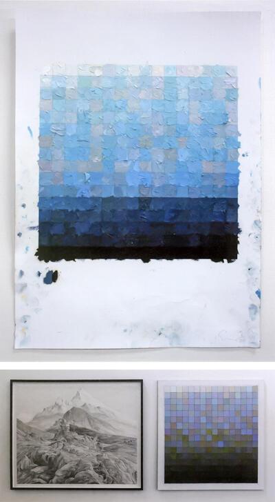 Found Footage / colorscape, 2009, olie op inkjetprint, De Watzmann, 2010, olieverf op doek,   potlood op papier, Stijn Cole,