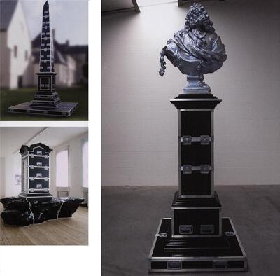 Flightcase Monuments, The Obelisk, 2007, hout en aluminium, Michaël Aerts, The Temple, 2006, hout, aluminium, polyester, email en namaakleder, Our New Cultures, 2008, aluminium, hout en polyester,