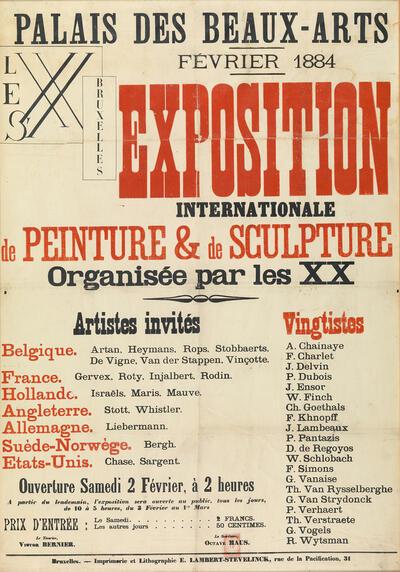 Affiche van de eerste tentoonstelling van Les XX, februari 1884. Koninklijke Musea voor Schone Kunsten van België, Brussel/AHKB, Brussel. Fin-de-sieclemuseum.