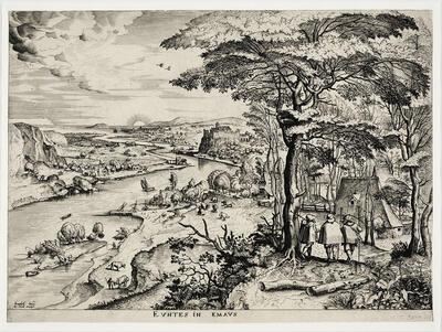 Joannes en Lucas van Doetecum naar Pieter I Bruegel, Milites requiescentes – Rustende soldaten, uit de reeks met de grote landschappen, twaalf prenten, ets en gravure, 321 x 424 mm koninklijke bibliotheek van belgië, prentenkabinet, brussel, Hieronymus Cock