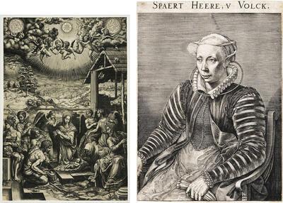 Giorgio Ghisi naar Agnolo Bronzino, Aanbidding van de herders, 1553, gravure, gedrukt van twee platen, totale afmetingen 662 x 452 mm koninklijke bibliotheek van belgië, prentenkabinet, brussel Johannes Wierix, Portret van Volcxken Diericx, weduwe van Hieronymus Cock en echtgenote van Lambert Bottin, 1579, gravure, 200 x 123 mm fondation custodia, collection frits lugt, parijs