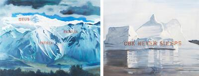 Johan Clarysse, Suspicious landscapes (Deus, patria, familia), 2012, acryl en olieverf op doek, 140 x 180 cm  Suspicious landscapes (CBK never sleeps), 2012, acryl en olieverf op doek,