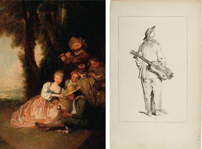 Jean-Antoine Watteau, La déclaration attendue, 18de eeuw MUSÉE DES BEAUX-ARTS, ANGERS François Boucher (1703-1770) naar Antoine Watteau, Pierrot met de gitaar op de rug, ets BIBLIOTHÈQUE NATIONALE DE FRANCE, PARIJS