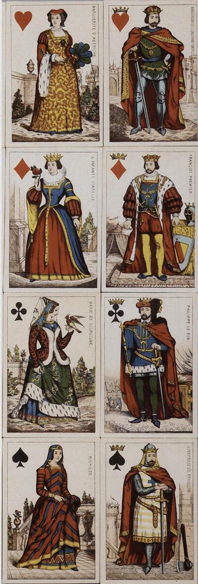 Daveluy, eenhoofdig spel met historische figuren (de Infante Isabella, Filips de Goede, Maria van Bourgondië), ca. 1850-1885, chromolitho 