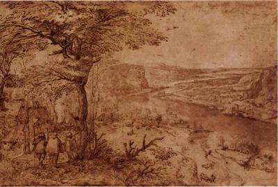 Pieter Bruegel I, Landschap met pelgrims, pentekening in bruin, deels met bister gewassen,