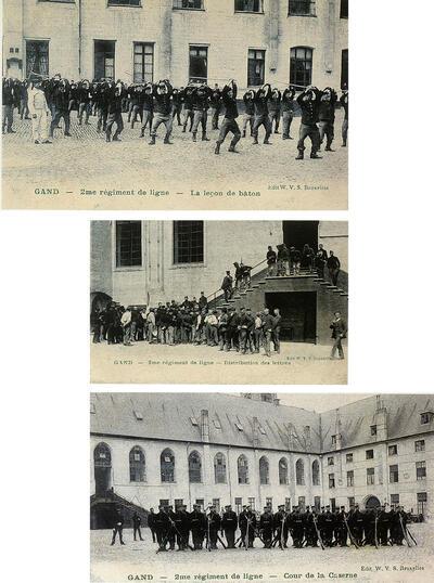 Oefening met de wapenstok, Postbedeling, Poseren op de binnenkoer: het Tweede Linieregiment in de Sint-Pieterskazerne, Sint-Pietersabdij