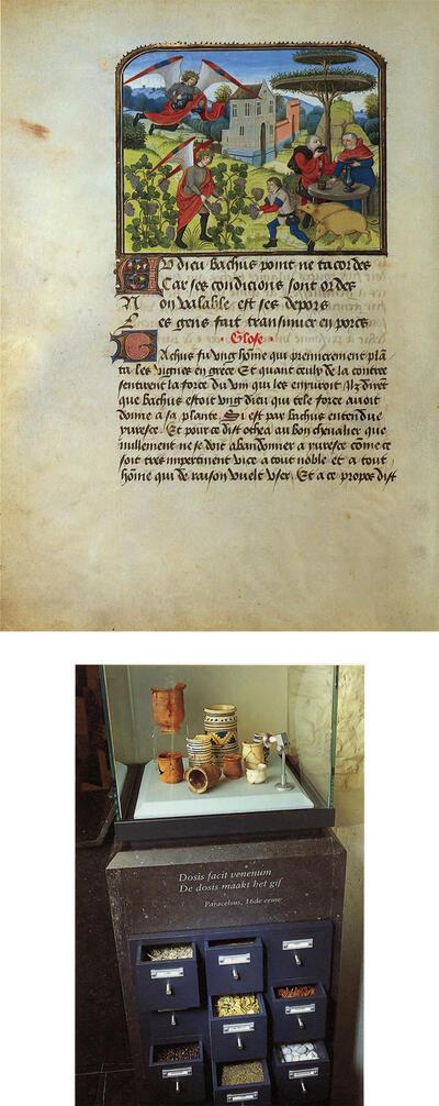 De wijnoogst, miniatuur door Loyset Liédet in Jean Miélots bewerking van Christine de Pisan, L'Epître d'Othéa, Brugge,Het kruidenkastje in Tussen hemel en aarde illustreert de heilzame en minder heilzame werking van kruiden in zowel de keuken als de geneeskunde. Sint-Pietersabdij.