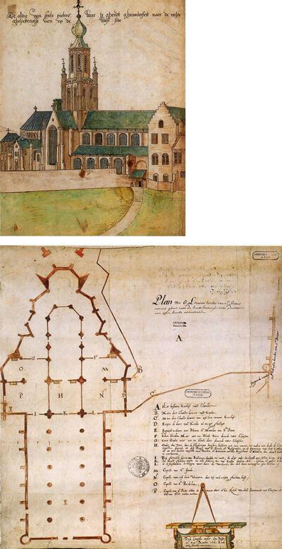  Arend Van Wijnendaele, Noordzijde van de abdijkerk van Sint-Pieters, 1580. Stadsarchief Gent, Plattegrond van de Onze-­Lieve-Vrouwekerk, eind 16de eeuw. Rijksarchief Gent. Dit is het zogenoemde Rode Plan van de parochiekerk van het Sint-­Pietersdorp, Sint-Pietersabdij