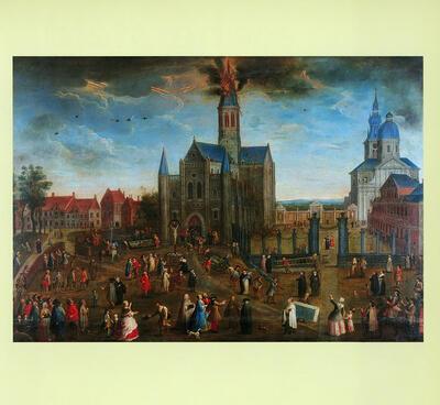 Jan van Doorsselaer, Torenbrand van de voormalige Onze-Lieve­Vrouwekerk te Gent  in 1733  Onze-Lieve-Vrouw Sint-Pieterskerk, Gent, Sint-Pietersabdij