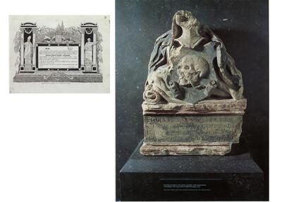 Doodsbrief van Benoît Gheersen, de laatste monnik van de Sint-Pietersabdij, drukwerk, 1841. Stadsarchief Gent. Figuratieve sculptuur met Latijnse inscriptie, witte kalkzandsteen, vermoedelijk 17de eeuw. Dienst Stadsarcheologie, Gent. Deze losse vondst uit de Sint· Pietersabdij vormt waarschijnliik de bekroning van een grafmonument