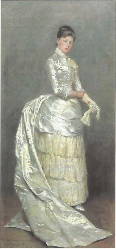Portret Mevr. Claus in bruidskleed, 1886  olieverf op doek, 44,5 x 21,5 cm, Gift Mevr. Claus 1942. Foto: Museum van Deinze en de Leiestreek 