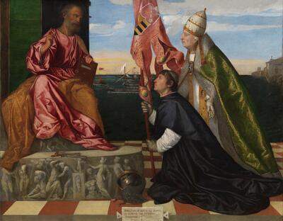 Titiaan, Jacopo Pesaro door paus Alexander VI Borgia voorgesteld aan de heilige Petrus, 1506-1511, olieverf op doek, Topstukken