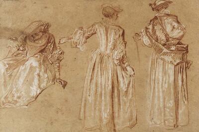 Jean-Antoine Watteau (Valenciennes, 1684 - Nogent-sur-Marne, 1721), Drie studies van een dame met hoedje, tekeningen