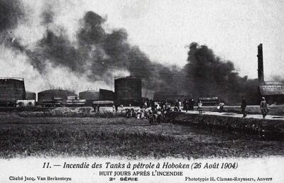 De brand van de Antwerpse oliehaven in 1904. Industriële archeologie. erfgoed