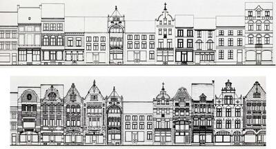 Een vergelijking tussen de huizen op de markt van Roeselare, voor en na de wederopbouw, architectuur, Interbellum