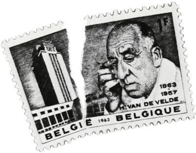 Postzegel met Boekentoren en Henri Van de Velde, architectuur, Interbellum
