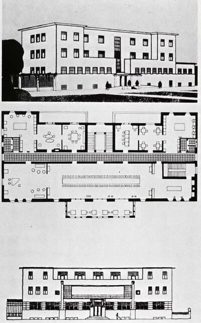 Josef Hoffman (1870-1956) en de Wiener Werkstätte. Sanatorium te Purkersdorf nabij Wenen, perspectief, plan van de verdieping en achtergevel. Stoclethuis
